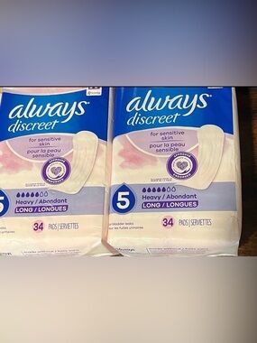 Always Discreet Pads For Sensitive Skin 5 Drop Heavy Long Length X 2 Packs Of 34